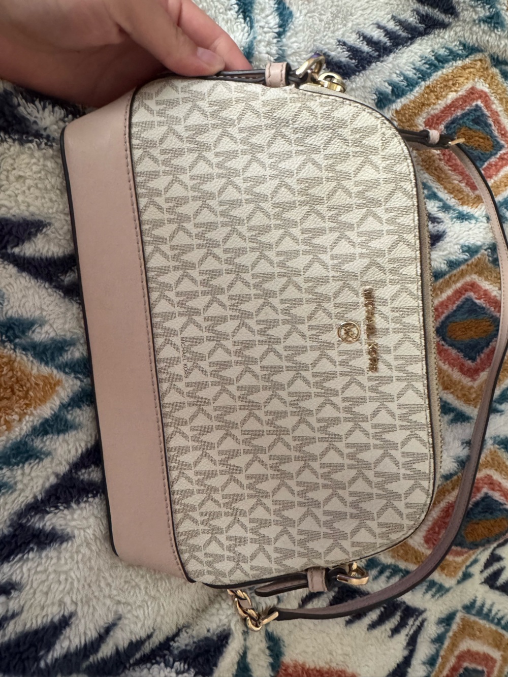 Michael Kors Beige Logo Crossbody with Light Pink Trim